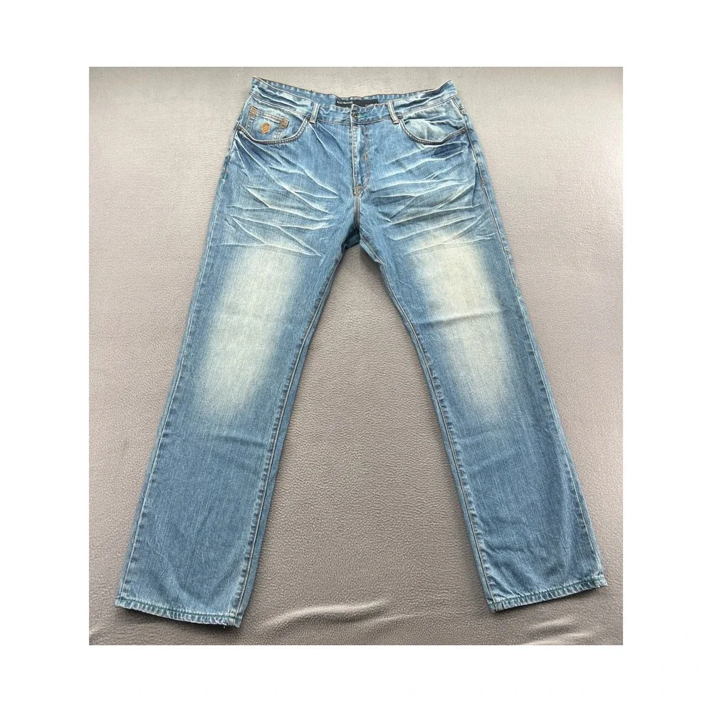 Rocawear Classic Fit Jeas Mens 38x34 Medium Wash Straight Leg Denim Whiskered
